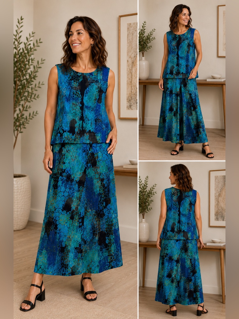 Jones Studio Separates Soft Wearable Art Blue & Gold Abstract Layered Skirt Set